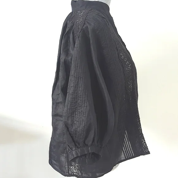 FRAME Cali Lace Popover Blouse Top V neck Black 3/4 sleeve Boho Flowy Fit L - Picture 14 of 14